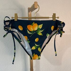 Navy Bikini Bottom with Lemon Accents- side tie- Large